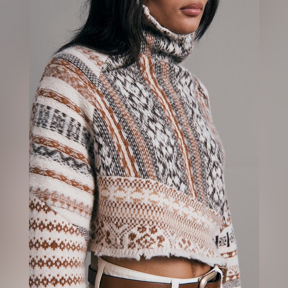 New Rag & Bone Hollis Patchwork Fair Isle Wool Crop Sweater - Picture 2 of 6